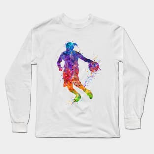 Girl Basketball Dribbling Watercolor Sport Lover Gift Long Sleeve T-Shirt